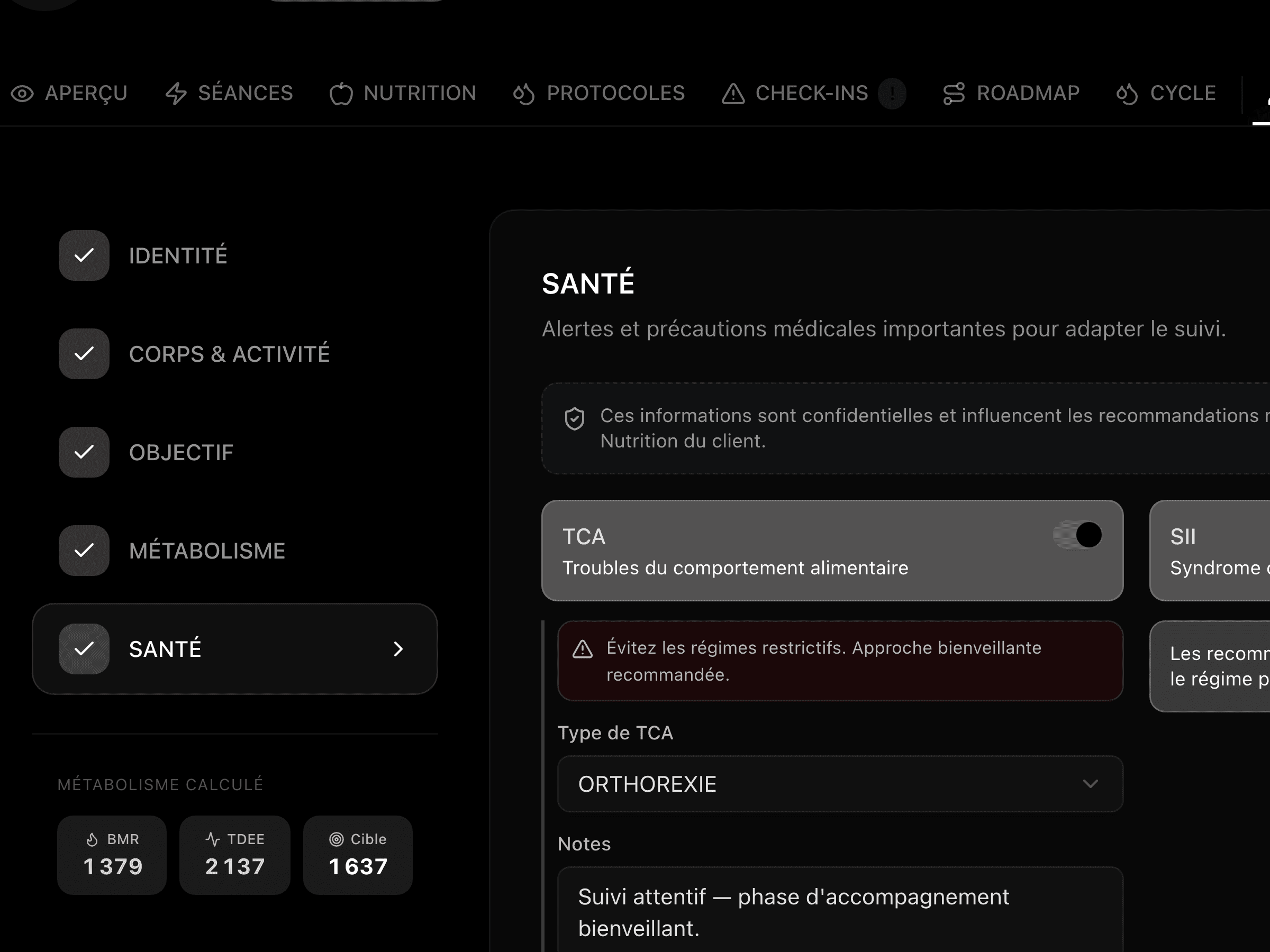 Profil sant\u00e9 \u2014 TCA, FODMAP, allergies