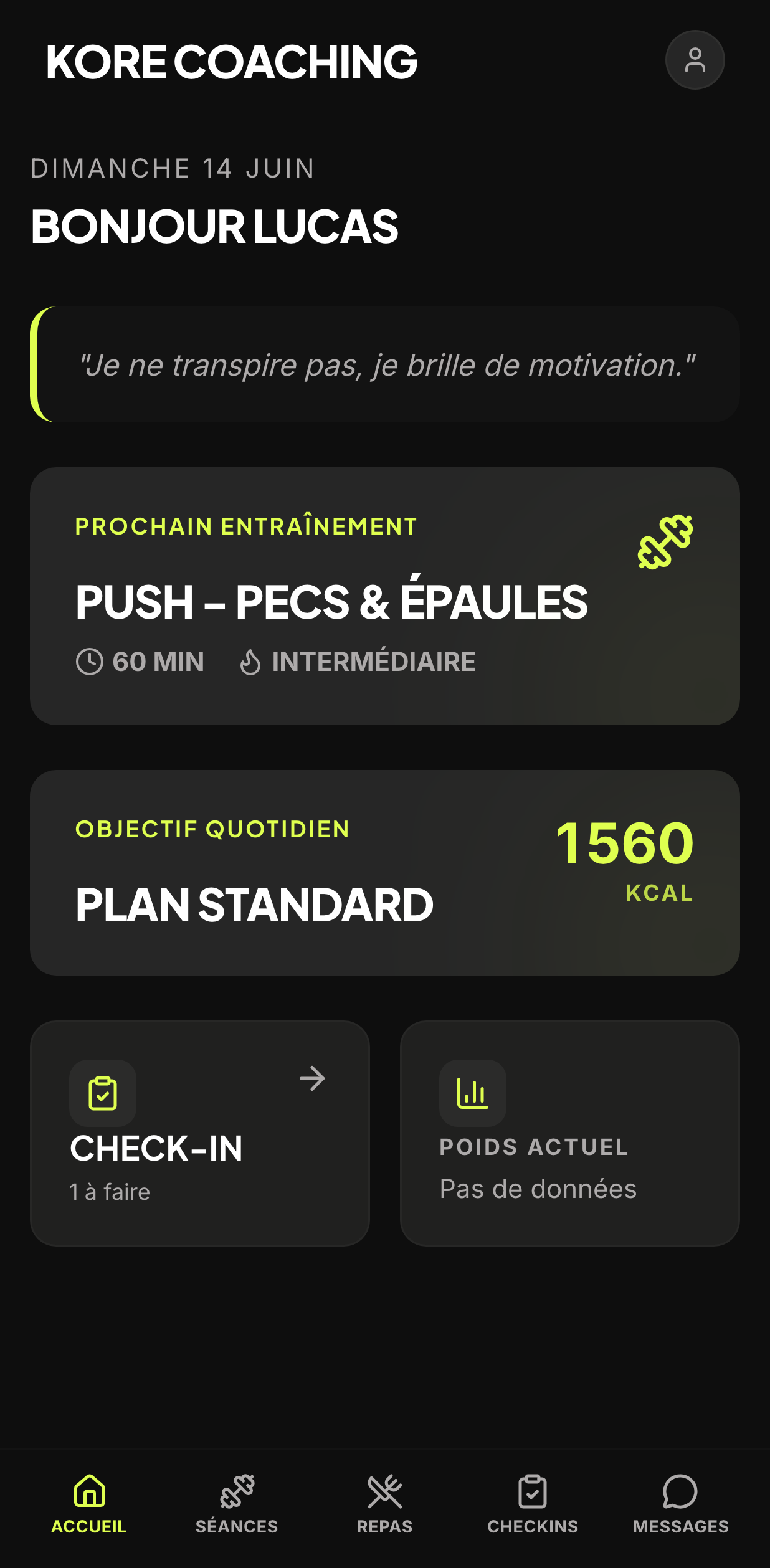 Accueil client — prochain entraînement